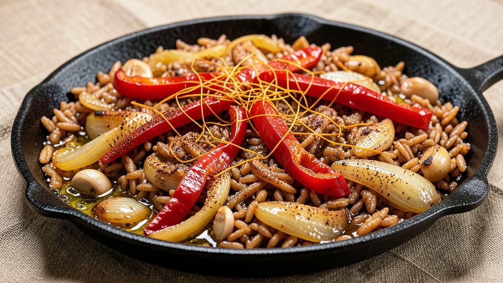 Brown Rice Paella Recipe: Saffron-Infused Aromatics and Crispy Socarrat Bites