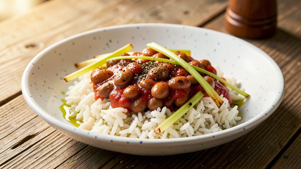 Canned Baked Beans and Rice Recipe: Smoky Tomato Gravy Over Toasted Celery Crunch