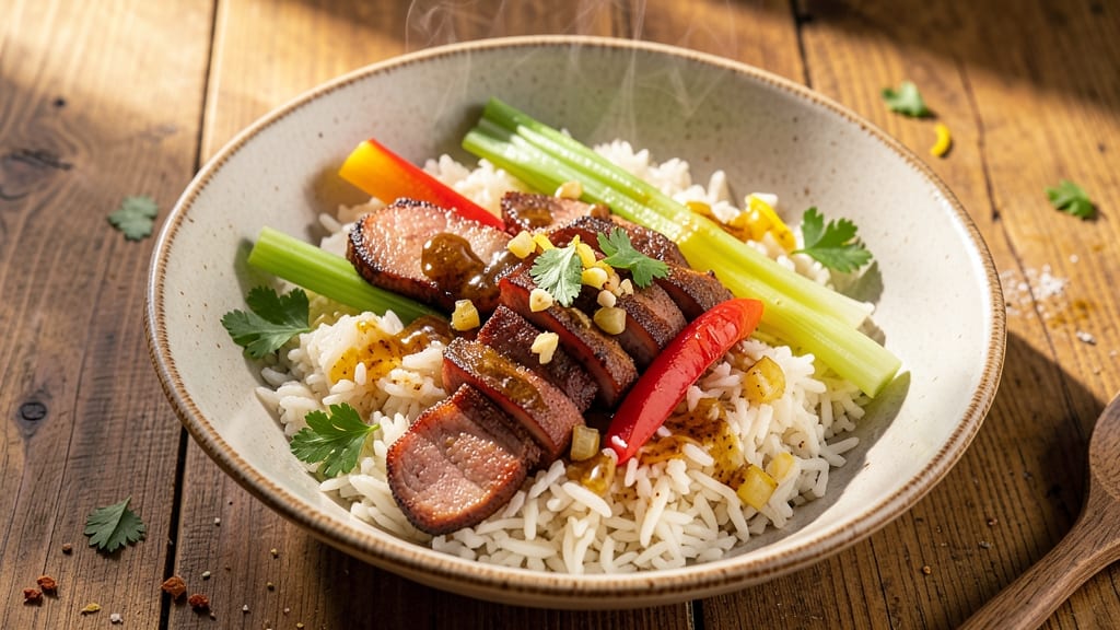 Cajun Rice Bowl Recipe: Spicy Andouille and Crispy Celery Crown