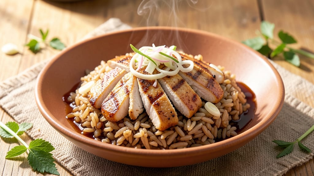 Brown Rice Kanji Recipe: Crispy Celery Crown Over Savory Miso-Shredded Chicken
