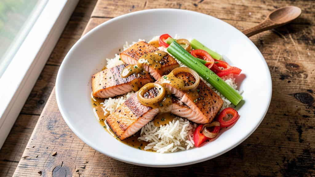 Cajun Salmon and Rice Recipe: Spicy One-Pan Harmony with Crispy Celery Top