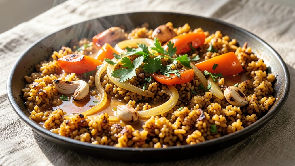 Cauliflower Rice Paella Recipe: Saffron-Infused Crunch With Toasted Celery Topping