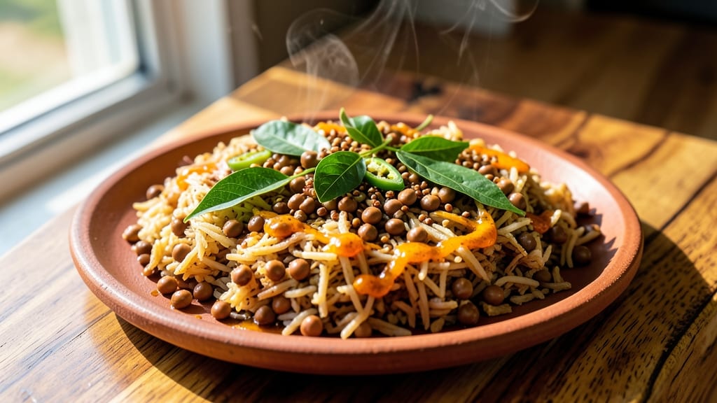 Brown Rice Poha Recipe: Fluffy Turmeric Rice with Crispy Topped Peas