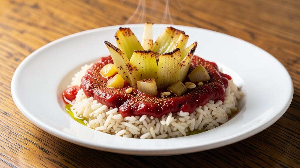 Blanco Restaurant Rice Recipe: Celery Crown Crunch Over Smoky Tomato Gravy