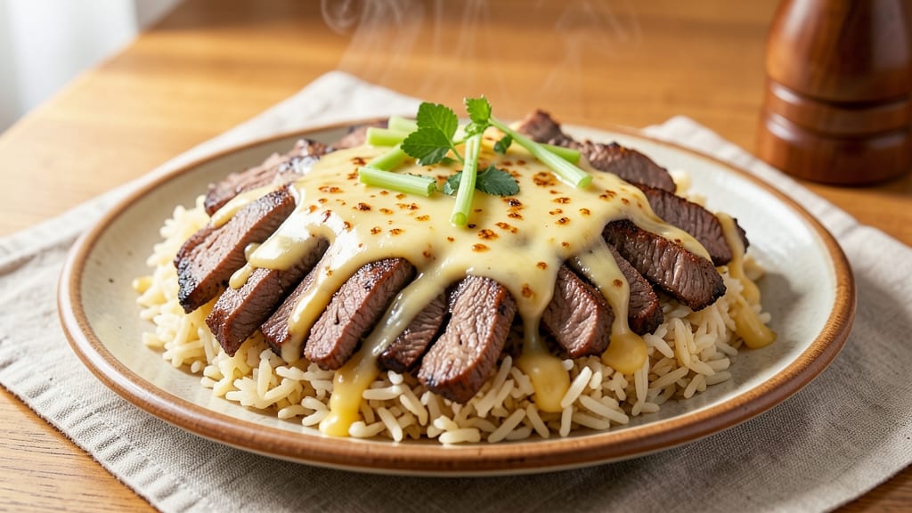 Cheesy Steak and Queso Rice Recipe: Crispy Celery Crown Over Melted Cheese Dream