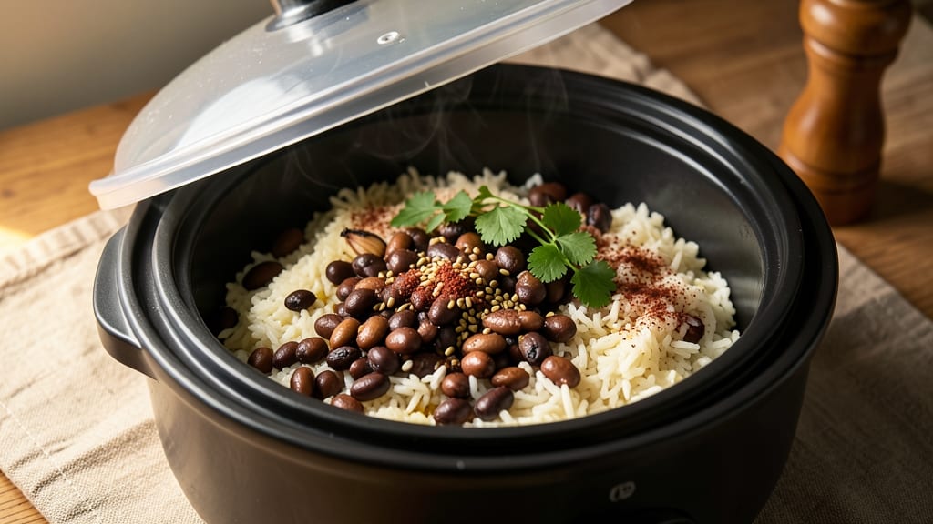 Black Beans and Rice in Rice Cooker Recipe: One-Touch Hands-Off Flavor