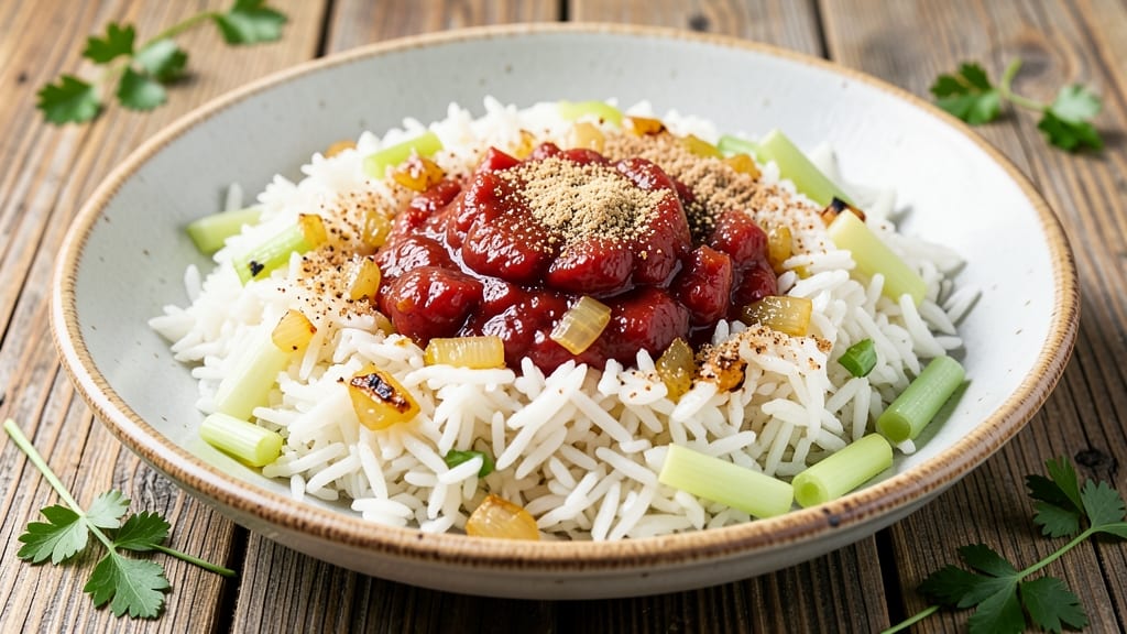 Bulgarian Rice Recipe: Savory Tomato Gravy and Crispy Celery Topping