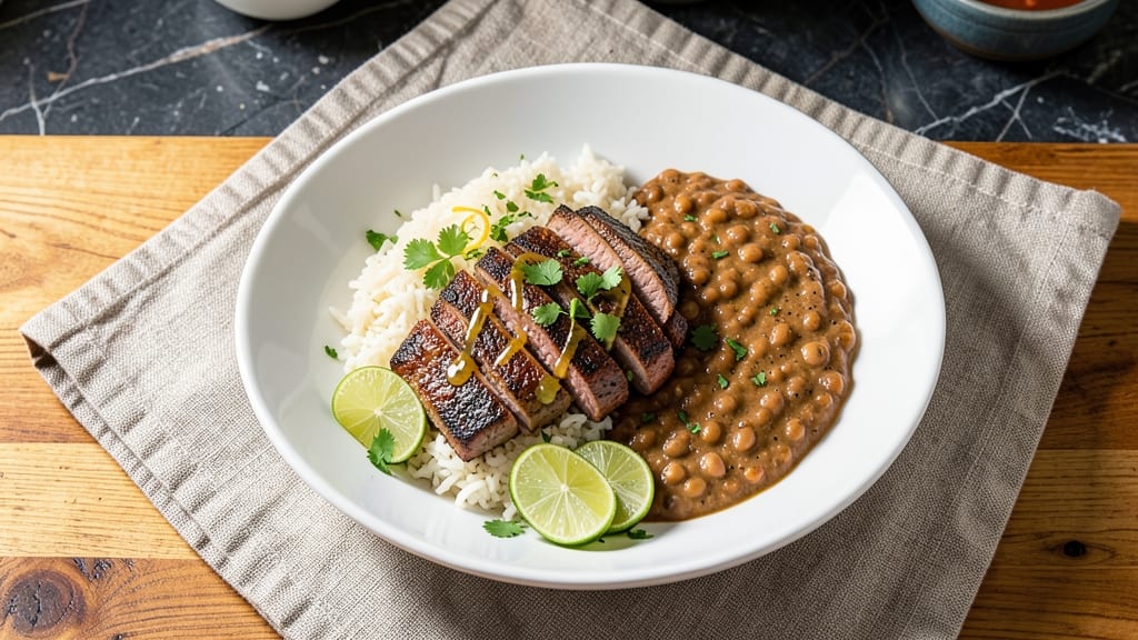 Carne Asada With Rice and Beans Recipe: Smoky Grilled Steak Over Cilantro-Lime Rice