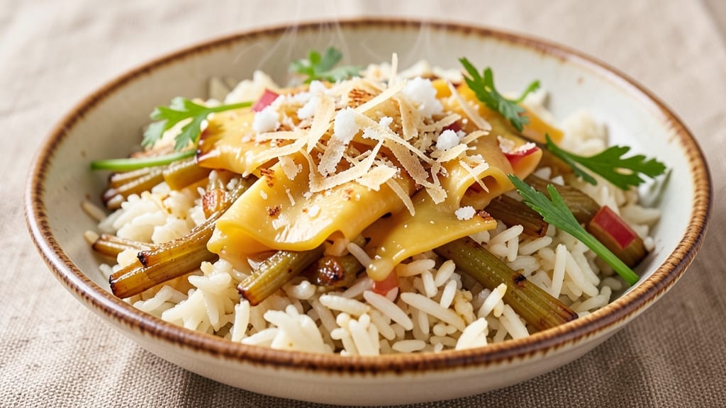 Cheesy Rice Pilaf Recipe: Crispy Celery Crown Over Melted Gruyère Layers