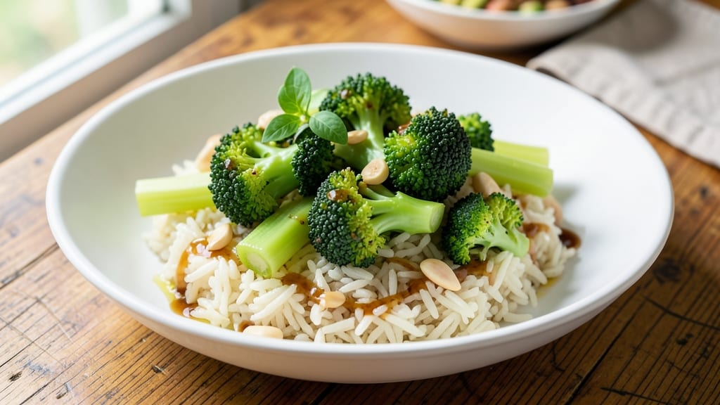 Broccoli and Rice Recipe No Cheese: Crispy-Topped Veggie Bowl With Toasted Celery Crunch