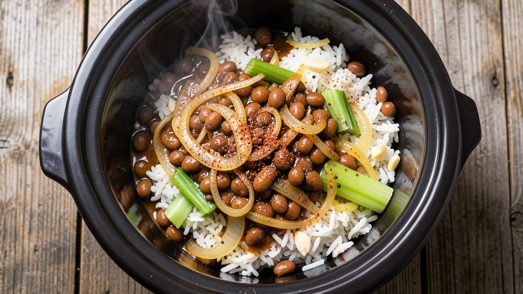 Black Eyed Peas and Rice Crockpot Recipe: Smoky Garlic-Celery Crunch in One Pot