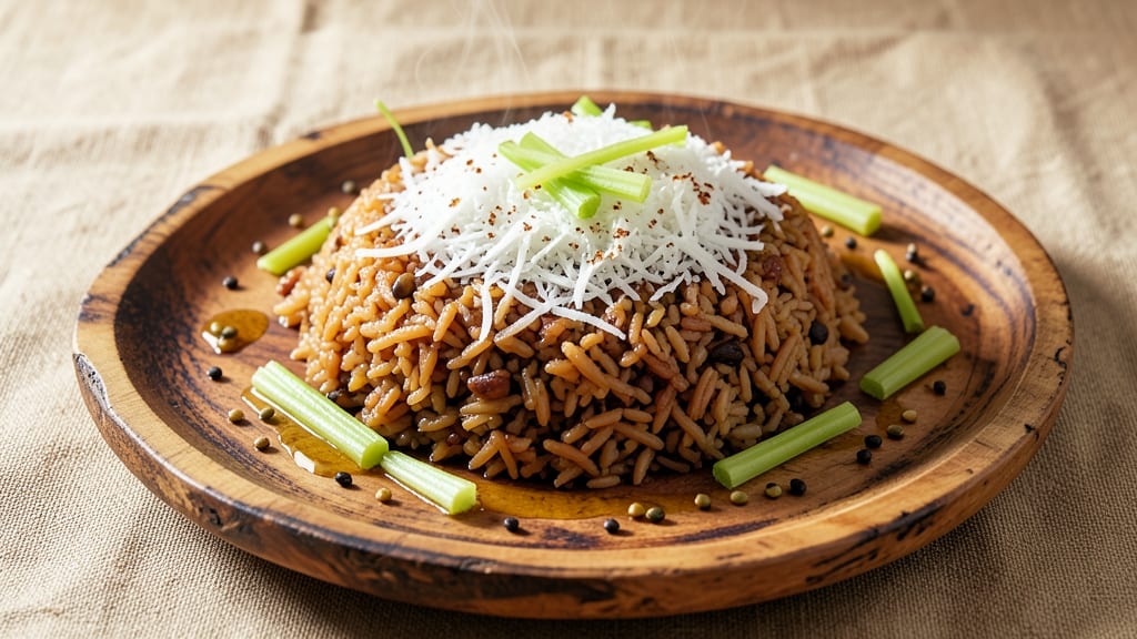 Brinji Rice Recipe in Tamil: Crispy Celery Crown Over Spiced Coconut Grains