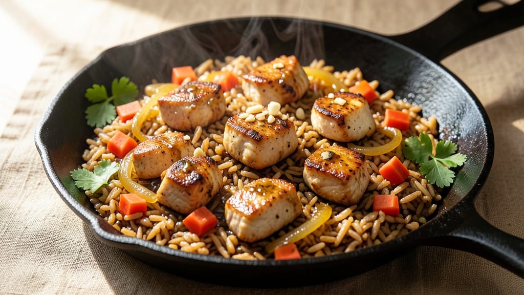 Brown Rice Skillet Recipe: Toasted Garlic and Crispy Celery Crown Topping