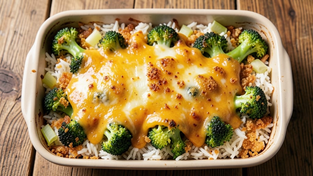 Broccoli Rice and Cheese Casserole Recipe With Velveeta: Crispy Celery Crown Over Melty Cheese Layers