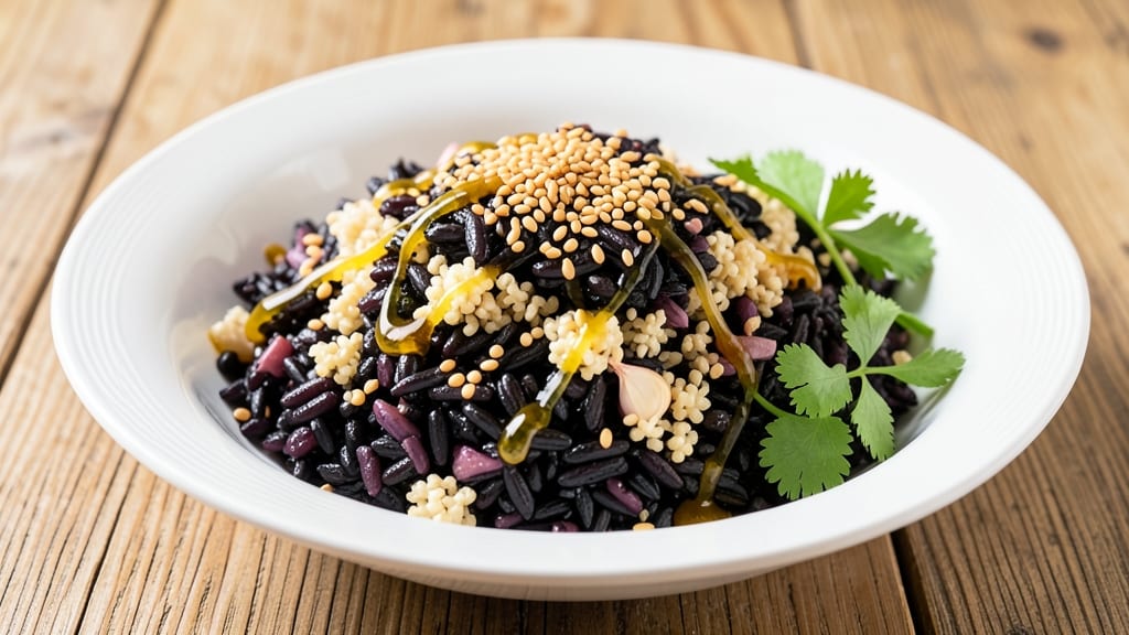 Black Rice And Quinoa Recipe: Deep Purple Grains With Toasted Garlic and Sesame Crunch