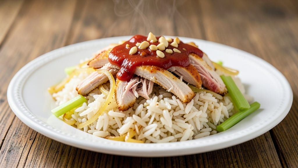 Blanco Rice Recipe: Crispy Celery Crown Over Savory Shredded Chicken