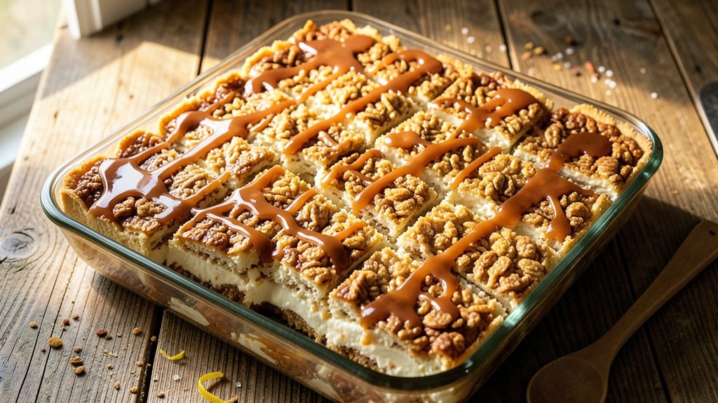 Caramel Rice Krispie Cheesecake Bars Recipe: Crunchy Top, Creamy Swirl Magic