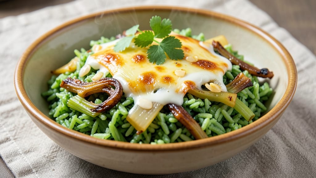 Cheesy Green Rice Recipe: Crispy Celery Crown Over Creamy Coconut Base